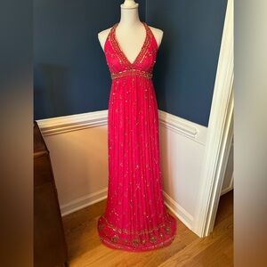Vintage Cache Pink Silk Beaded Halter Maxi Dress Size 4